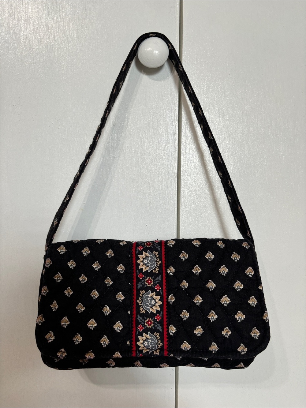 Vera Bradley Black Quilted Shoulder Bag with Red and Cream Accents